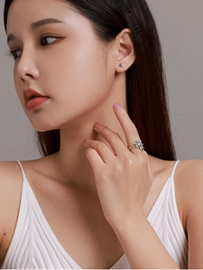 Close-up of snowflake ring and earrings set with sparkling stones on model
