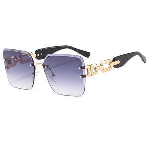 Stylish rimless square sunglasses with purple gradient lenses and gold chain temples