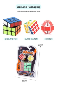 Detailed size chart and blister packaging for various 3x3 educational magic cubes