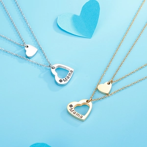 Collier Double Rang Pendentif Cœur Acier Inoxydable 316L Gravure Mama Cadeau Fête Des Mères Bijoux Pour Femmes