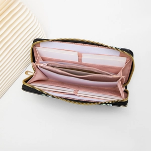 Black vintage butterfly print long wallet featuring pink interior and multi-card slots