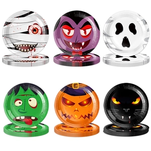 Halloween party disposable paper plates set with vampire mummy ghost and pumpkin designs