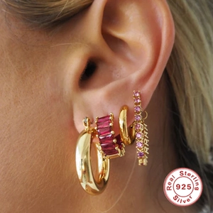 S925 sterling silver gold hoop earrings set with red emerald cut and pink round stones