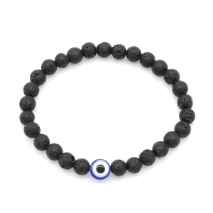 6mm black volcanic lava rock beaded bracelet with Turkish evil eye charm on white background