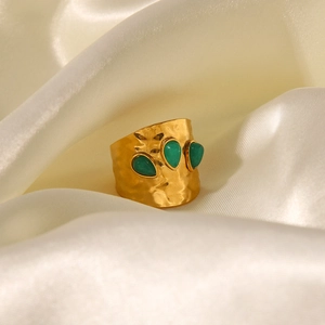 French style gold hammered stainless steel ring with three green teardrop stones