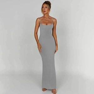 Front view of grey bodycon maxi dress with spaghetti straps on a standing model