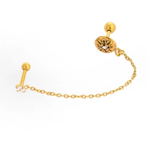Detailed view of 316L gold plated double piercing ear chain with zircon floral relief