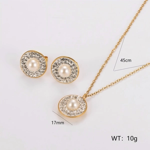 Elegantes Set aus vergoldetem Edelstahl mit Blumen-Perlen und Strass-Anhängern