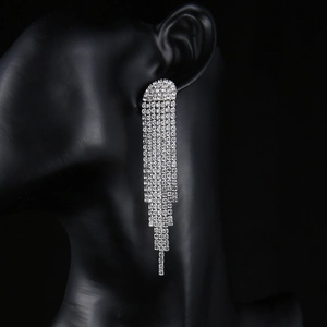Close-up of elegant long silver tassel earrings with sparkling zircon fringe on a model