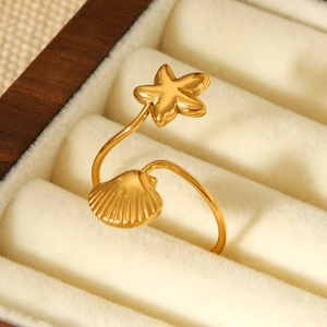 18K gold plated starfish and shell open ring on a premium velvet jewelry box cushion