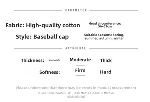 Size chart showing baseball cap head circumference 56-61cm and cotton fabric details
