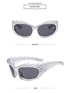 Detailed front and side views of Y2K silver-gray hedgehog sports sunglasses