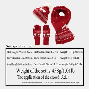 Size chart showing dimensions for red Christmas reindeer knit hat, scarf, and gloves set