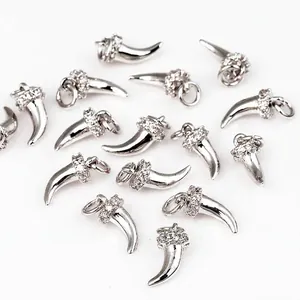 Silver horn pendant charm with micro-paved sparkling crystals and top ring attachment
