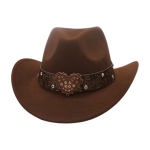 Close-up of dark brown felt cowboy hat with heart-shaped metal buckle and rhinestones