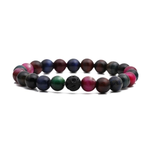 Colorful tiger eye and black lava stone bead bracelet with a stretch cord design