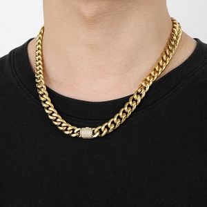 Close-up of a 10mm golden Cuban link chain for men with diamond-encrusted buckle