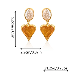 Vintage style heart earrings with amber texture and gold finish measurements included