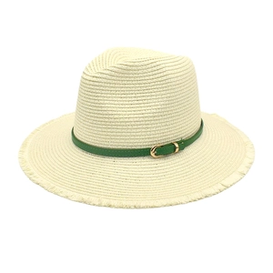 Women Straw Fedora Hat Breathable Sun Protection Summer Beach Vacation Frayed Edge Tassel Belt Buckle British Style