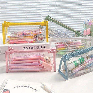 Transparent colorful pencil bags for stationery storage with various vibrant zipper frames