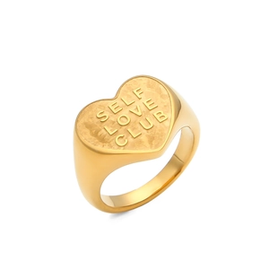 18K gold plated stainless steel heart signet ring with SELF LOVE CLUB engraving