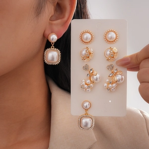 Vintage Imitation Artificial Pearl Rhinestone Earrings With Silver Earring Post Elegant Geometric Fashion Accessories For Women
