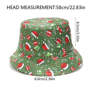 Detailed size measurement of Christmas bucket hat with Santa and snowflake festive patterns