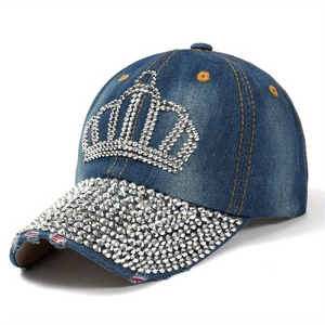 Women Rhinestone Crown Baseball Cap Cotton Denim Adjustable Sun Protection Outdoor Fashion Trendy Trucker Hat
