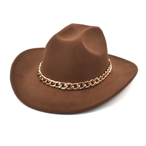 Fedora Hat Woolen Felt Wide Brim Gold Chain Decor Elegant Jazz Style Western Cowboy Style Unisex Outdoor Fashion Headwear