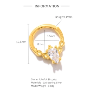 Gedetailleerde maattabel van 925 zilveren piercingring met zirkoon en dikte van 1,2mm