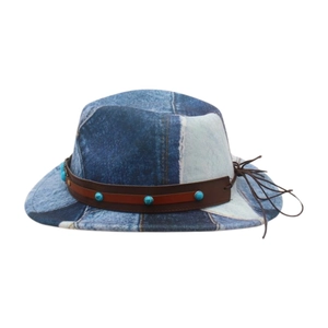 Detail of denim patchwork fedora hat with turquoise beads and brown leather trim