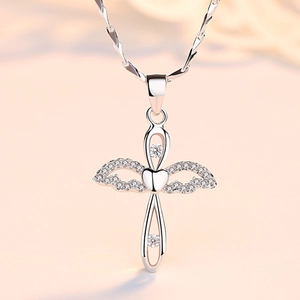 925 Sterling Silver Cross Angel Wings Heart Pendant Necklace With Rhinestones Elegant Jewelry For Women