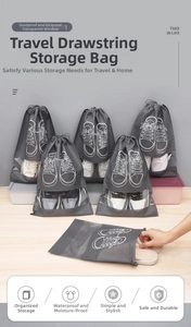 Detail of travel drawstring shoe bag with transparent window and non-woven fabric