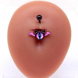 Gothic belly button ring with pink bat wings and purple gradient eyeball pendant