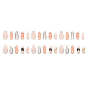 Cartoon cat doodle checkered press-on nails set with pink glitter almond false nails