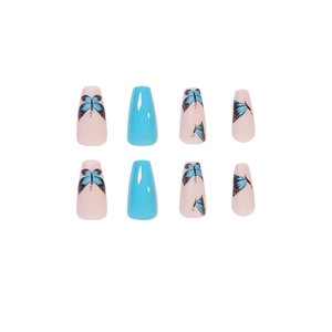 Sky blue and nude coffin press on nails featuring elegant blue butterfly patterns
