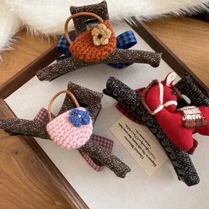 Large Hair Claw Clip Knitted Cloth Crochet Mini Bag Flower Red Horse Bow Knot Retro Korean Style For Women