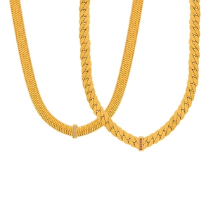 Ensemble collier chaîne serpent et maille gourmette dorée avec pendentifs rectangles