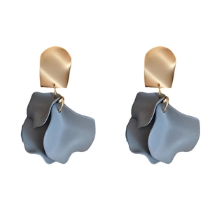 Modern irregular grey flower drop earrings with golden metallic studs on white background