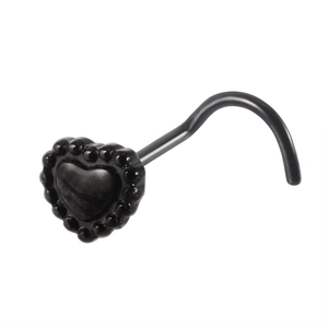 Detail of black heart nose stud with beaded edge on curved stainless steel post