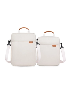 Two sizes of beige canvas laptop bags with brown leather handles and shoulder straps