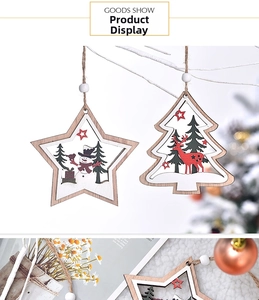 Detailed view of hollow wooden Christmas pendants with reindeer and snowman silhouettes