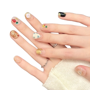 Handmade pink and black press-on nails with colorful 3D star flower and gemstone inlay