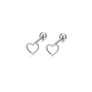 Macro detail of silver heart stud earrings with secure screw-back ball closure