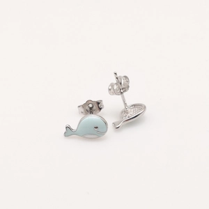 Detail of S925 sterling silver whale stud earrings with light blue enamel finish