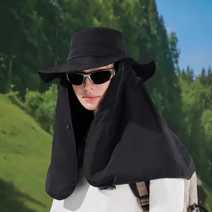 Waterproof outdoor sun hat with neck flap and face cover for hiking and fishing in black