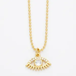 Gold Evil Eye pendant necklace with zircon border on a classic metal ball chain