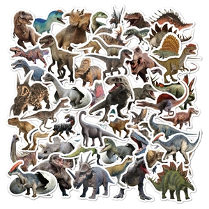 Detaillierte Übersicht verschiedener realistischer Dinosaurier-Sticker für Laptop und Koffer