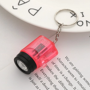 Detail view of a mini pink LED flashlight keychain on a white plate with book background