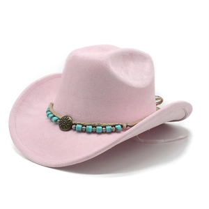 Detail of pink faux suede cowboy hat with braided rope band and turquoise-style bead